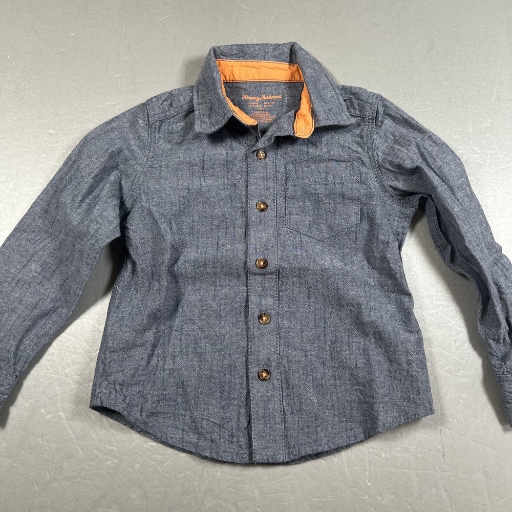 Tommy Bahama Shirt Boys XS 4 Blue Linen Long Sleeve Button Up‎ Dress Casual